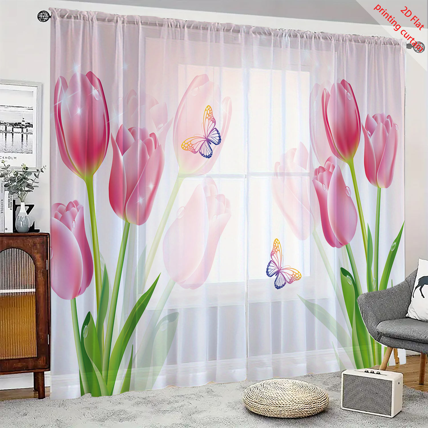 Home Office Youtube - Pink tulip print transparent gauze curtain,